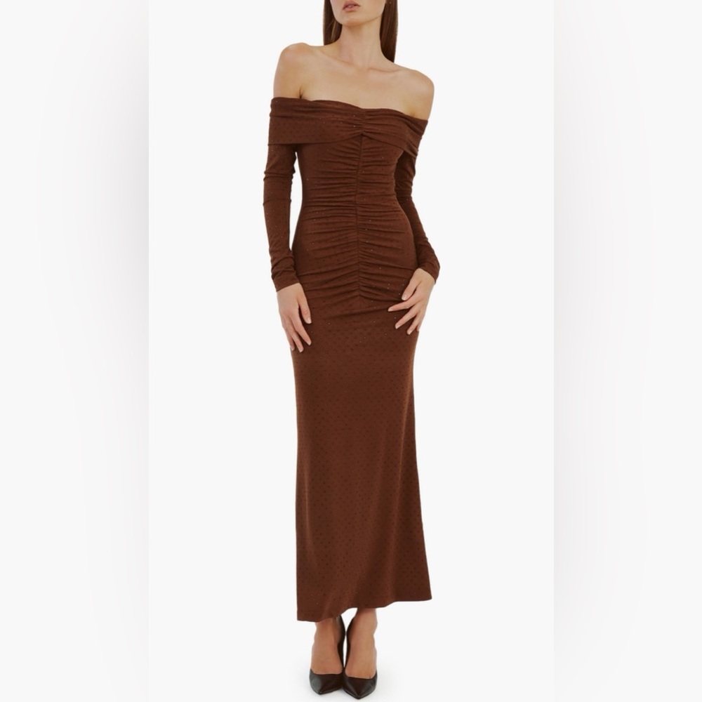 Bardot Brown Ruched Long Sleeve Dress
